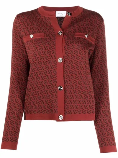 Ferragamo Monogram Intarsia Cardigan In Red