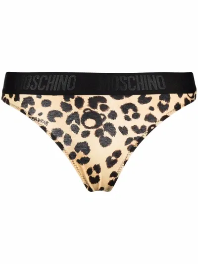 Moschino All-over Teddy Leo Stretch Thong In Beige