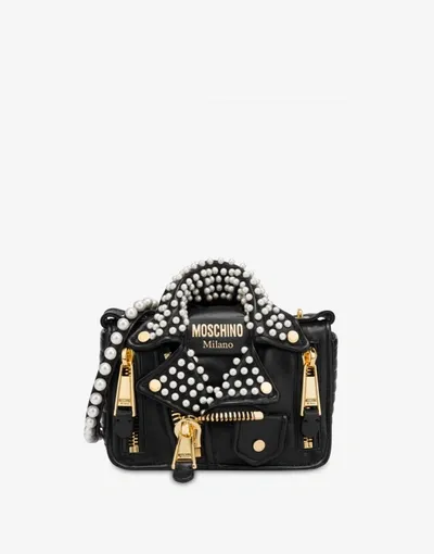 Moschino Small Biker Bag With Pearls In Black