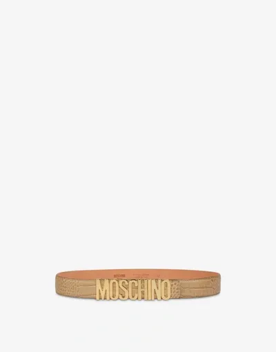 Moschino Lettering Logo Croco Print Calfskin Belt In Beige