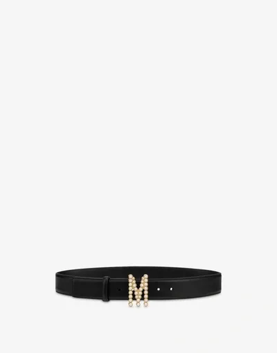 Moschino M Pearls Calfskin Belt In Black