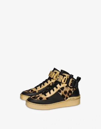 Moschino Calfskin And Pony Skin Basket Sneakers In Gold