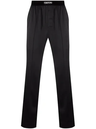 Tom Ford Velvet-trimmed Stretch-silk Pyjama Trousers In Black