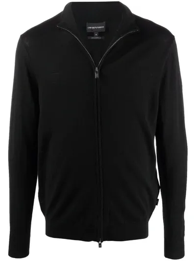 Emporio Armani Zipped-front Virgin Wool Pullover In Black