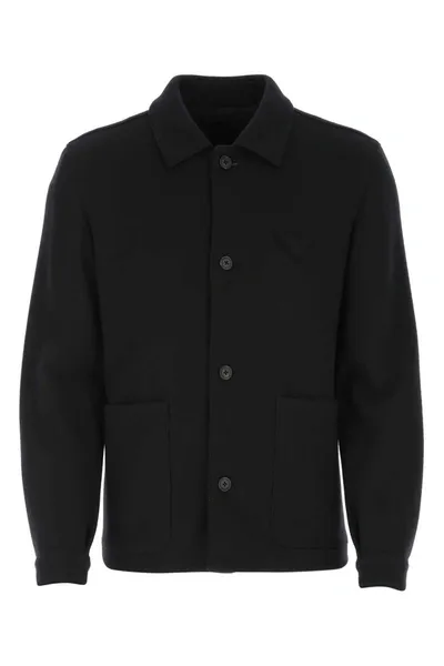 Prada Logo Patch Pocket Coat In Blue