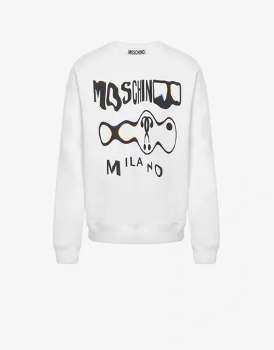 Moschino Warped Glitch Logo Cotton Sweatshirt In White