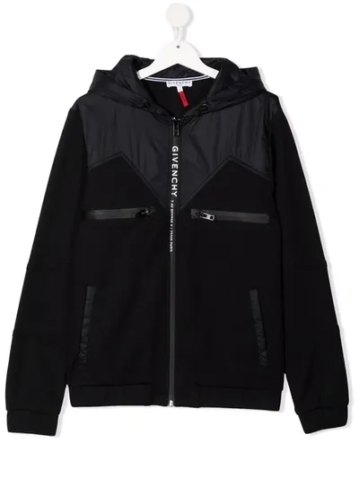 Givenchy Kids' Logo-print Panelled Zip-up Hoodie In Black