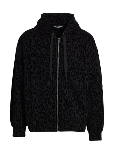 Dolce & Gabbana Leopard-print Flocked Zip Hoodie In Nero