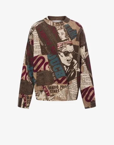 Moschino Newspapers Lambswool Jumper In Beige