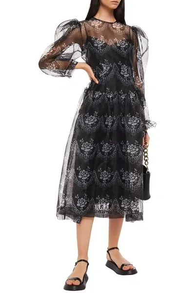 Simone Rocha Gathered Printed Organza Midi Dress In Black