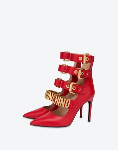 Moschino Lettering Multi-straps Calfskin Pumps In Red