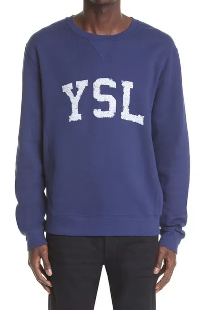 Saint Laurent Logo-print Cotton Sweatshirt In Blue Marine