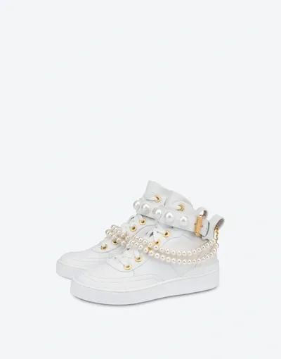 Moschino Pearls Calfskin High Sneakers In White