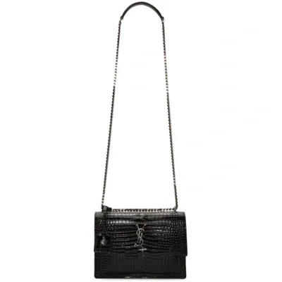 Saint Laurent Medium Sunset Croc-embossed Leather Shoulder Bag In Black