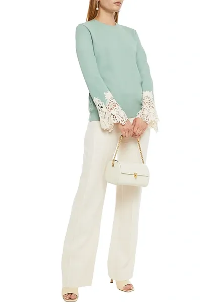 Valentino Guipure Lace-trimmed Stretch-knit Sweater In White