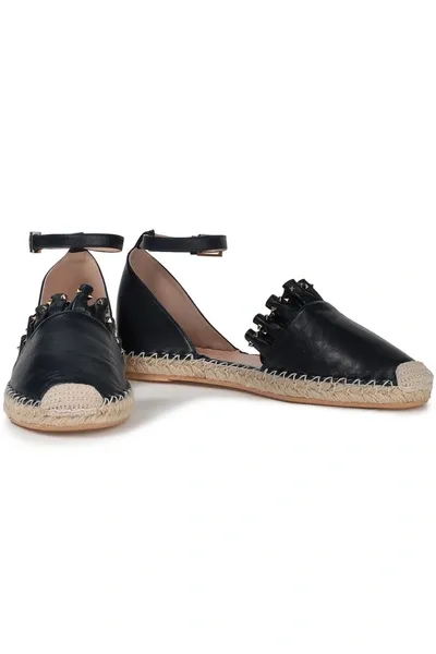 Valentino Garavani Studded Ruffled Leather Espadrilles In Navy