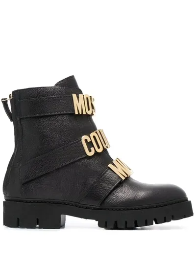 Moschino Lettering Multi-straps Ankle Boots In Black