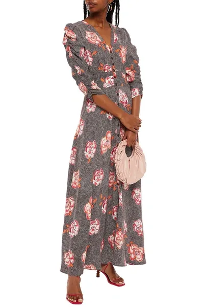 Bytimo Shirred Printed Crepe Maxi Dress In Gray