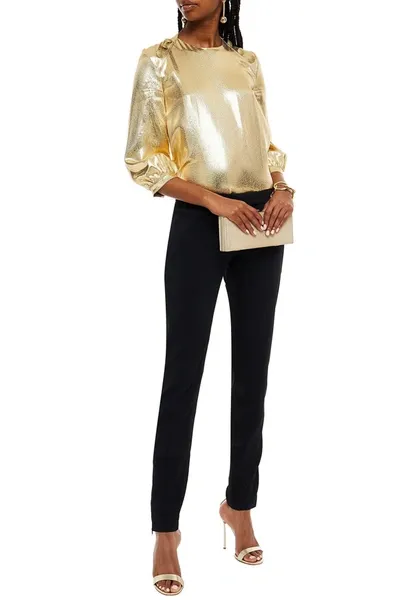 Pierre Balmain Button-embellished Silk-blend Lamé Top In Gold