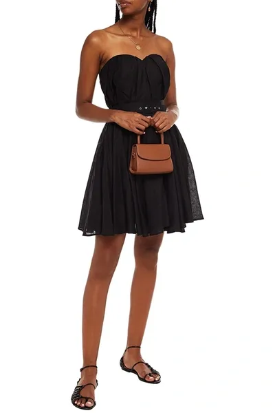 Leo Lin Strapless Belted Linen And Cotton-blend Gauze Mini Dress In Black