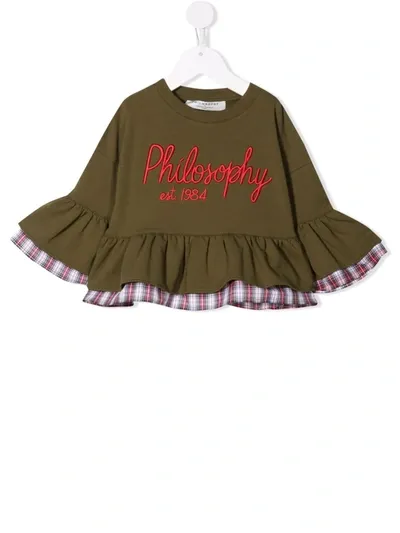 Philosophy Di Lorenzo Serafini Kids' Logo-embroidered Ruffle-hem Top In Green