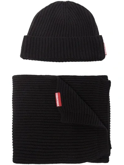 Dsquared2 Knitted Beanie Hat And Scarf Set In Black