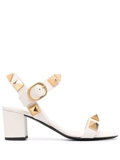 Valentino Garavani Roman Stud Block-heel Leather Sandals In Light Ivory