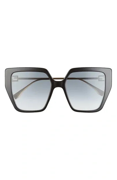 Fendi 55mm Logo Butterfly Sunglasses In Shiny Black Gradient Smoke