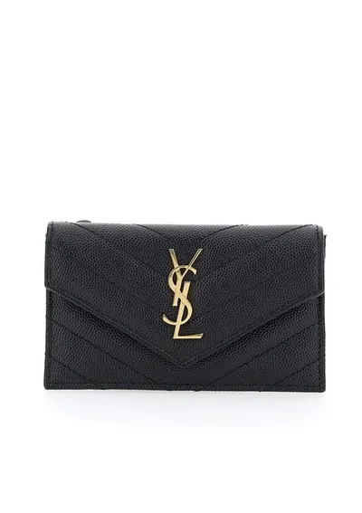 Saint Laurent Monogram Quilted Grain De Poudre Card Case In Nero