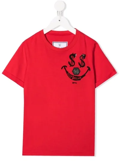 Philipp Plein Junior Kids' Keep $miling Studded-logo T-shirt In Red