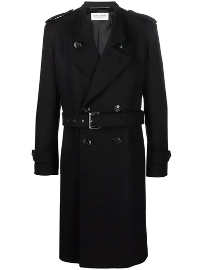 Saint Laurent Double-breasted Trench Coat In Wool Felt In Black