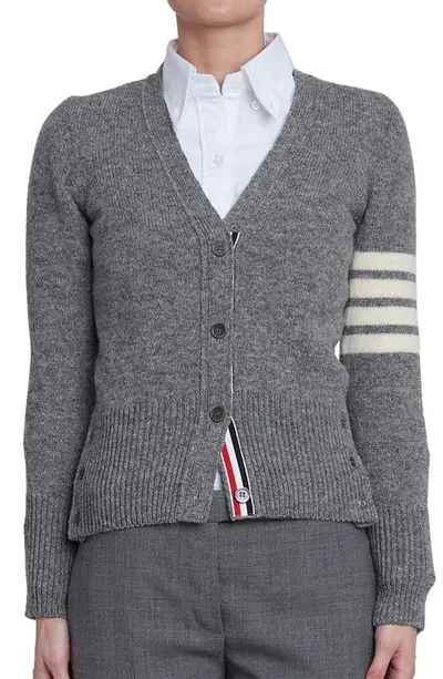 Thom Browne Four Bar Stripe Merino Wool V-neck Cardigan In Grey