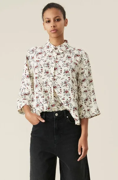 Ganni Floral-print Crepe De Chine Blouse In Egret