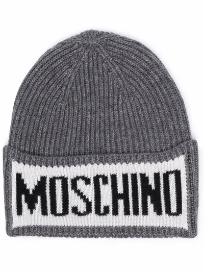 Moschino Logo-print Knitted Beanie In Grey