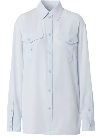 Burberry Logo Appliqué Silk Crepe De Chine Oversized Shirt In Blue