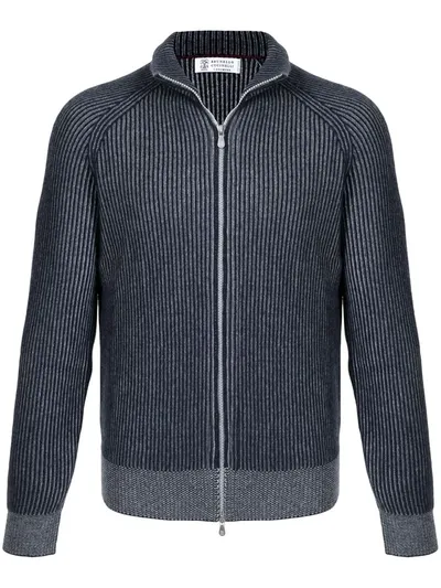 Brunello Cucinelli Ribbed Zip Jacket In Marine Blue