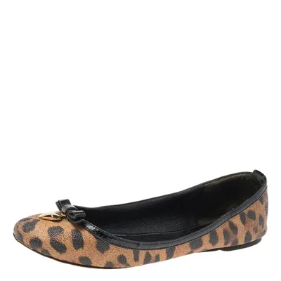 Pre-owned Dolce & Gabbana Brown Leopard Print Coated Canvas Bow Detail Ballet Flats Size 37