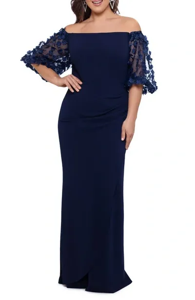 Xscape Plus Size Off-the-shoulder Dress With Floral Sleeves In Navy