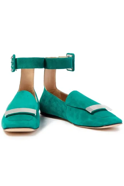 Sergio Rossi Sr1 Embellished Suede Flats In Jade