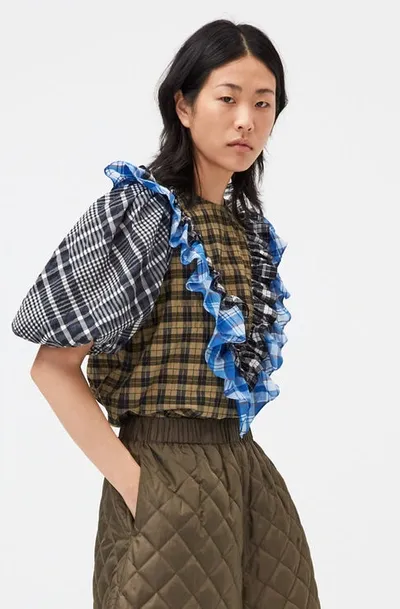 Ganni Ruffled Checked Cotton-blend Seersucker Blouse In Block Colour