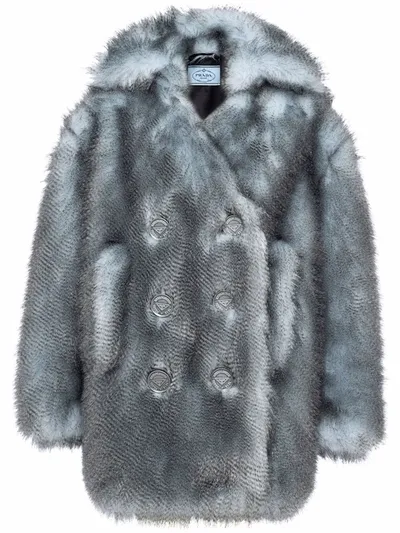 Prada Double-breasted Faux-fur Coat In Blue