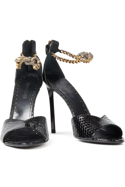 Roberto Cavalli Embellished Watersnake Sandals In Black