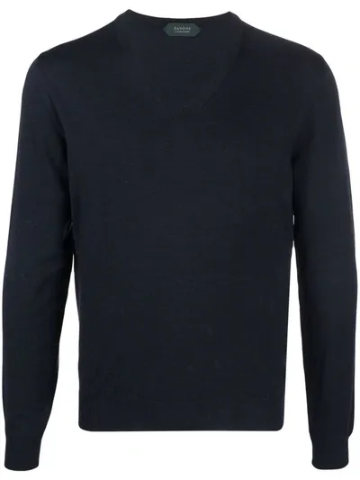 Zanone V-neck Fine-knit Jumper In Blau