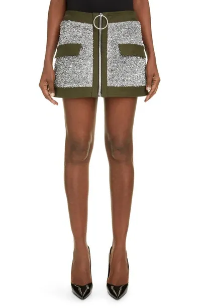 Balmain Low-rise Tweed And Canvas Mini Skirt Silver And Black In Khaki