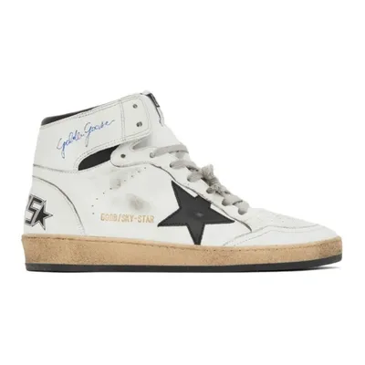 Golden Goose Sky-star Distressed Printed Leather High-top Sneakers In White/black