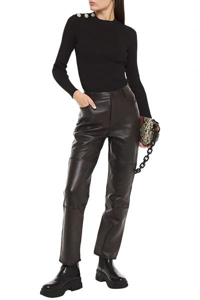 Ganni Leather Slim-leg Pants In Dark Brown