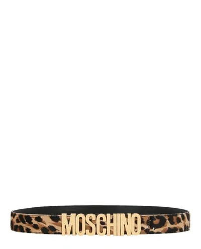 Moschino Logo Leopard Print Genuine Calf Hair Belt In Beige