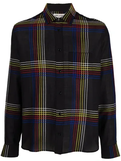 Saint Laurent Shirt With Yves Collar In Check Wool In Multicolor