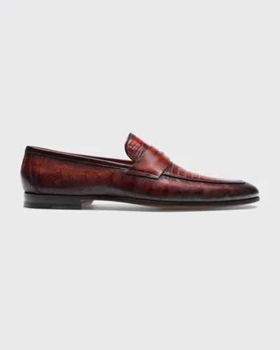 Magnanni Men's Vincente Lizard Penny Loafers In Cognac