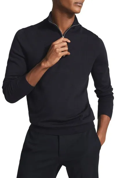 Reiss Maxwell Merino Wool Solid Regular Fit Quarter Zip Polo Shirt In Black